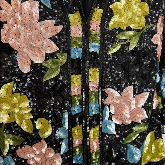 Vintage 80s Floral Sequin Jacket ✨ Handmade Boutique Beaded Statement Blazer - Picture 5 of 9